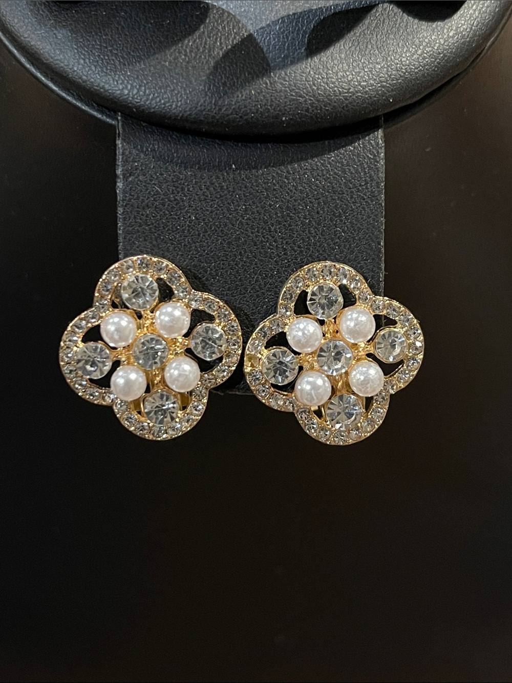 Gold Pearl & Crystal Floral Clip Earrings